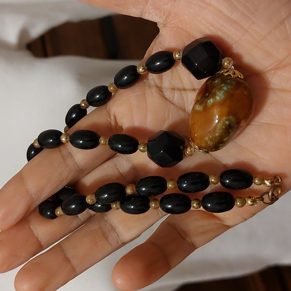 Brown Iridiscent Chunky Faux Stone Pendant w/ Black and Gold Tone Bead Necklace - Picture 6 of 6